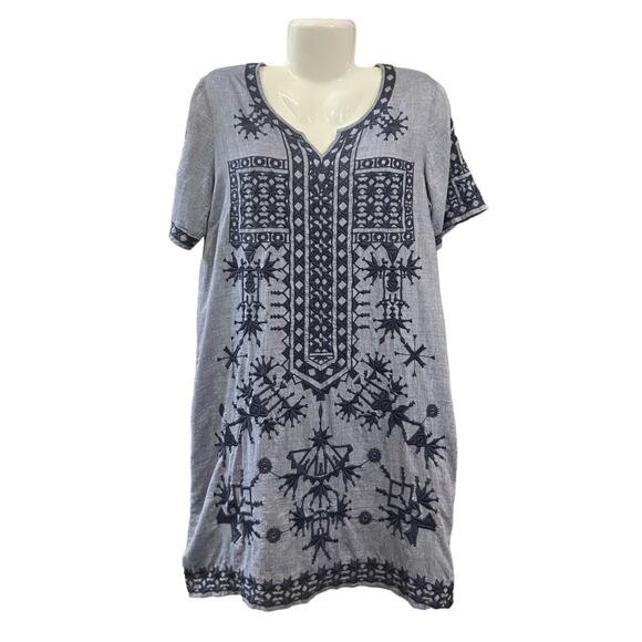Rose & Rose Anthropologie Chambray Crochet Design Cotton Boho Casual Dress SZ L - Picture 2 of 11